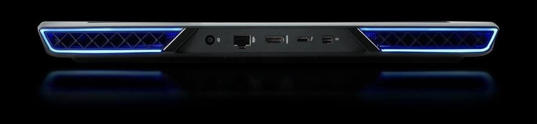 The rear ports on a Chillblast Defiant laptop, including DC-in, Ethernet, HDMI, USB-C and Mini DisplayPort