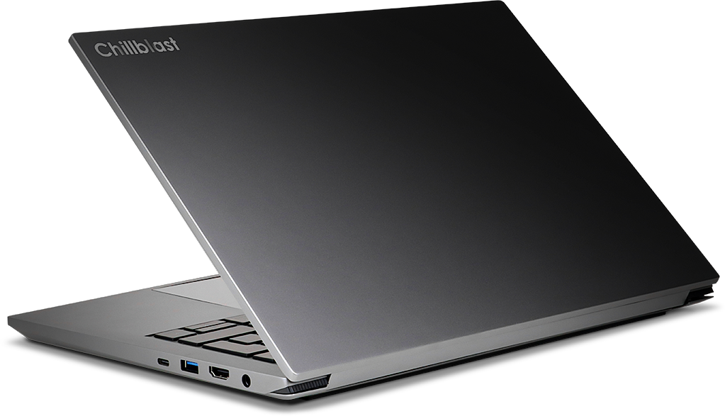The Chillblast Phantom laptop viewed from behind, lid open