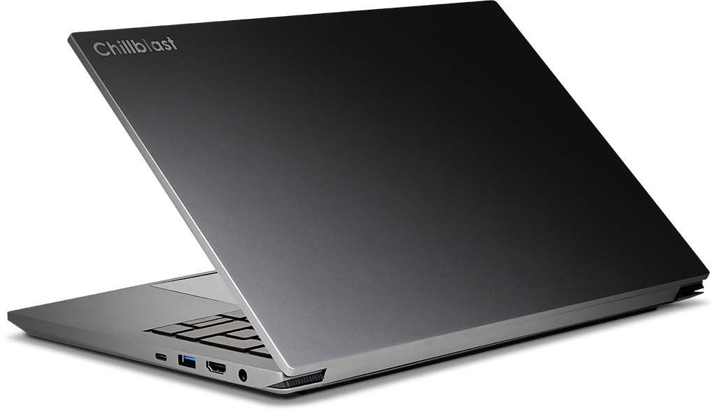 The Chillblast Phantom laptop viewed from behind, lid open