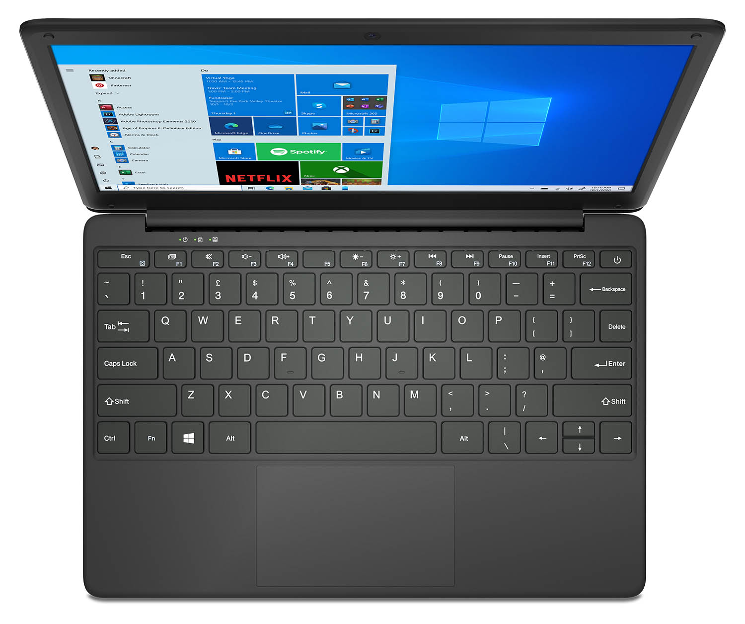 View of the GeoBook 2e laptop from the front with a clear view of the keyboard