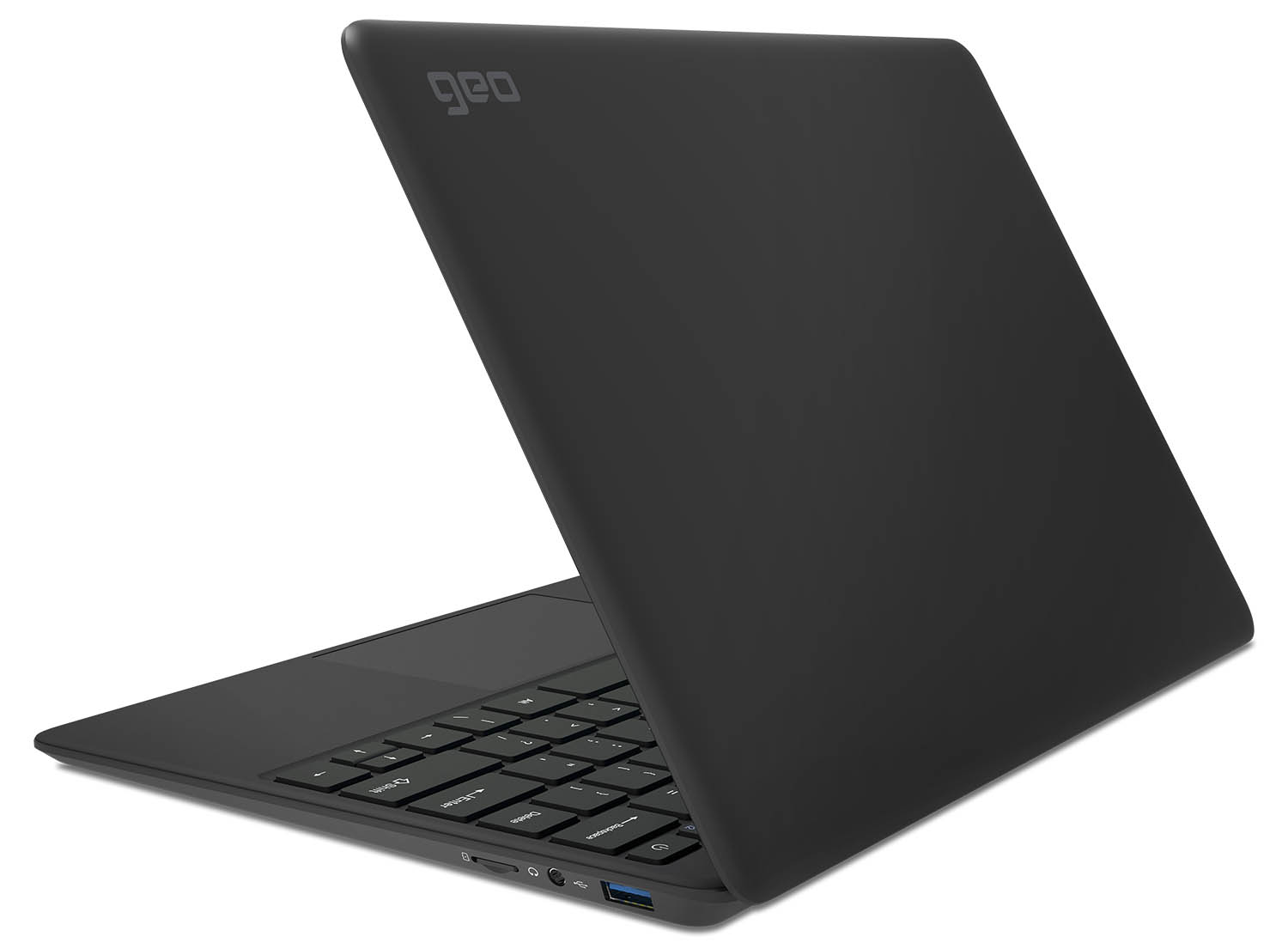 View of the GeoBook 2e laptop from the rear right side