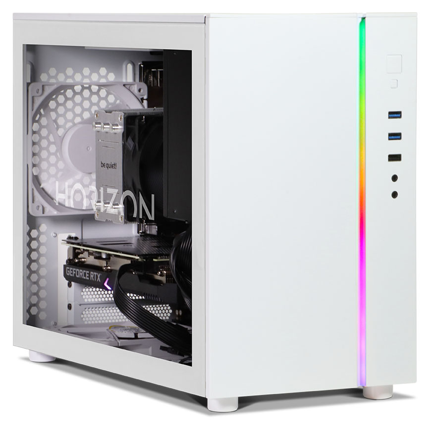 Front and left side view of the Horizon AMD Ryzen 5 5600X GeForce RTX 3060 Ti Gaming PC