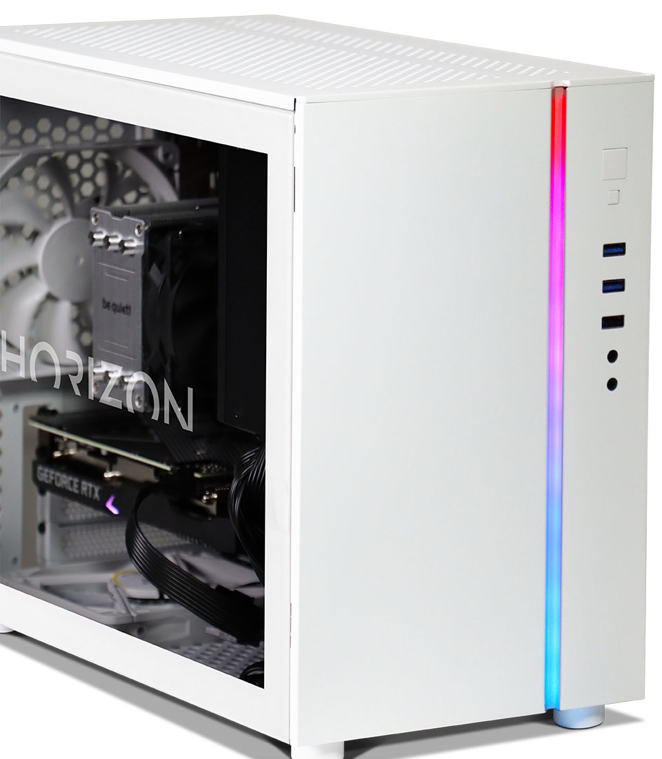 View of the system angled to show the front and rear fans