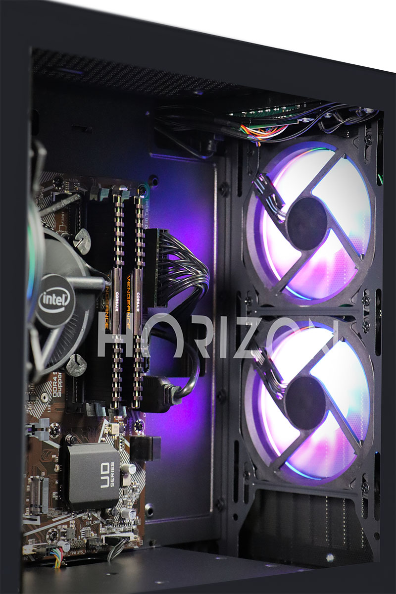The interior plus front fans, with particular focus on the memory installed into the RAM slots