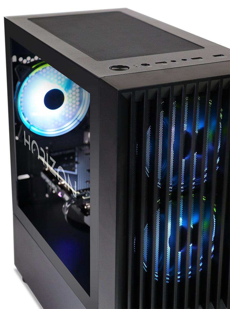 View of the system angled to show the front and rear fans