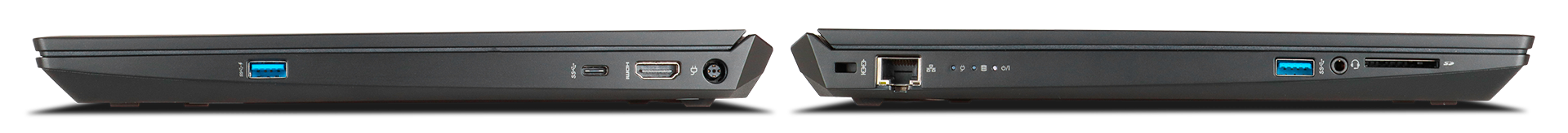 The left and right sides of the Horizon Skyline, showing all available ports including USB 3.0, USB-C, Ethernet, HDMI and a SD memory card slot