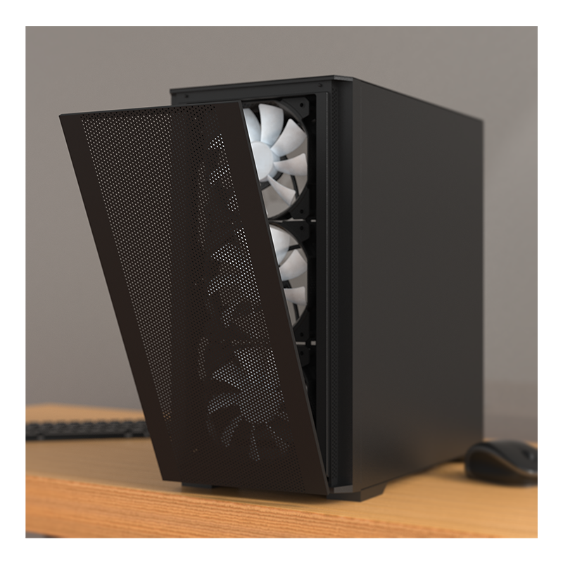 Front view of the AIR 100 ARGB Case with the mesh panel part removed.