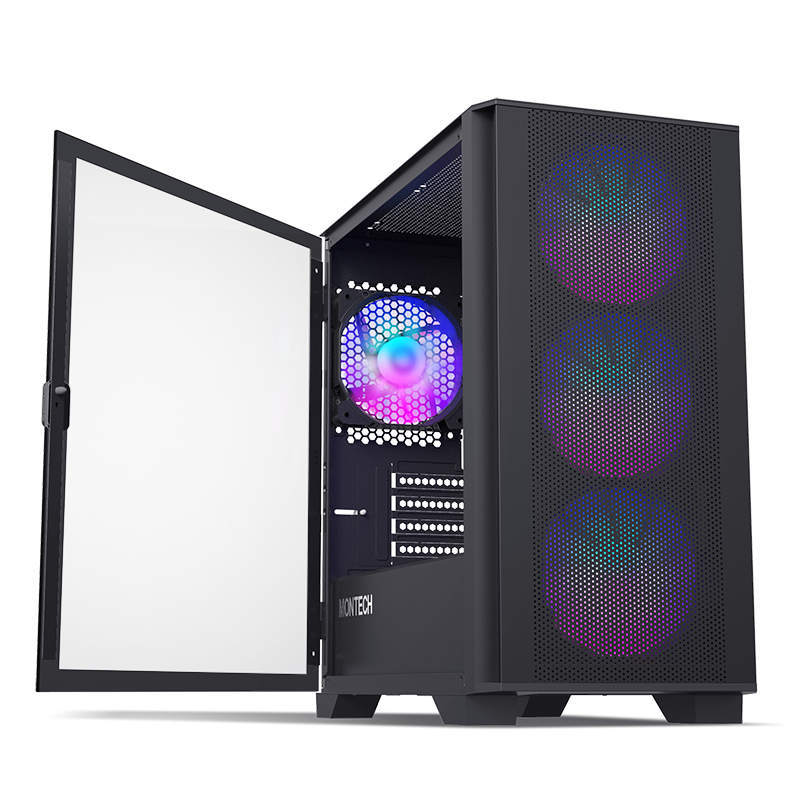 The AIR 100 ARGB with the Tempered Glass side panel partially open on its hinges.