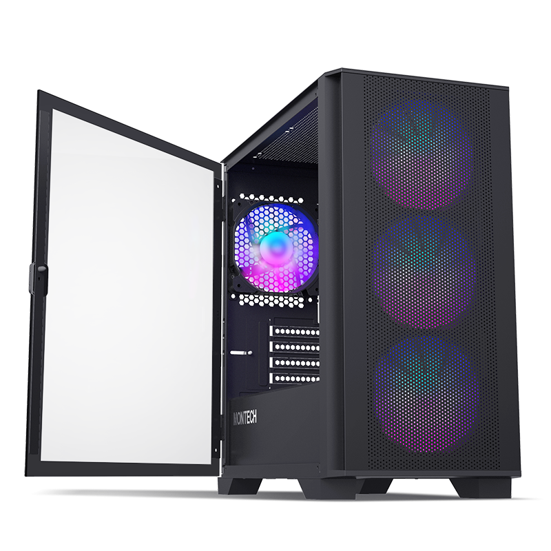 The AIR 100 ARGB with the Tempered Glass side panel partially open on its hinges.