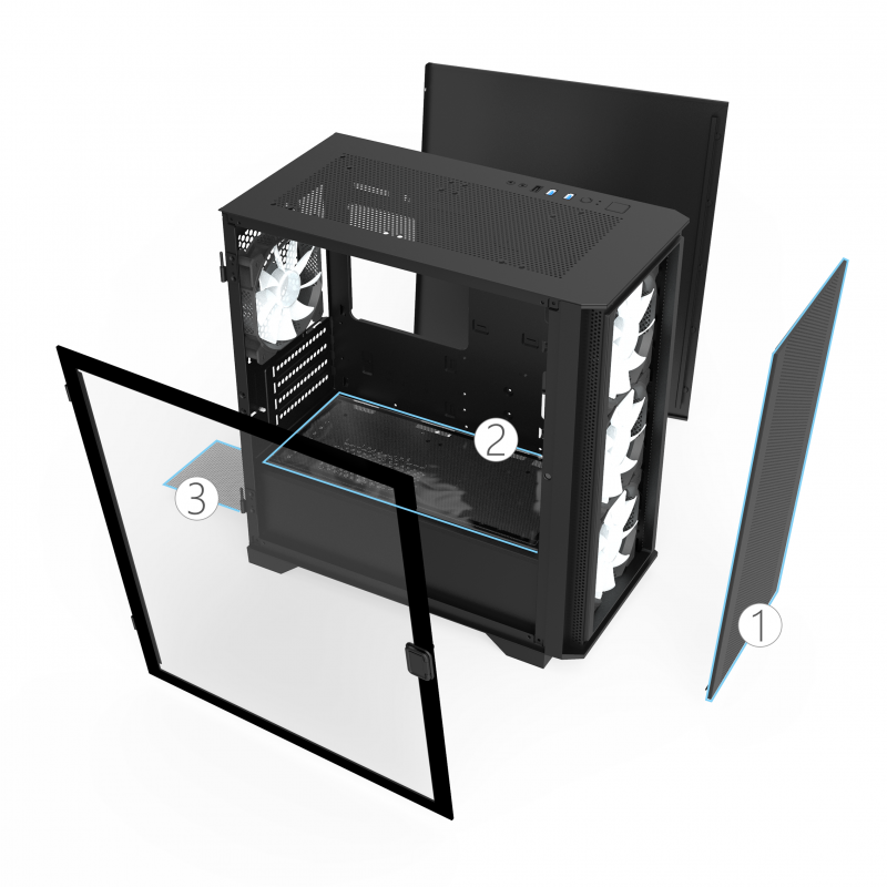 Angled view showing all the dust filter locations.