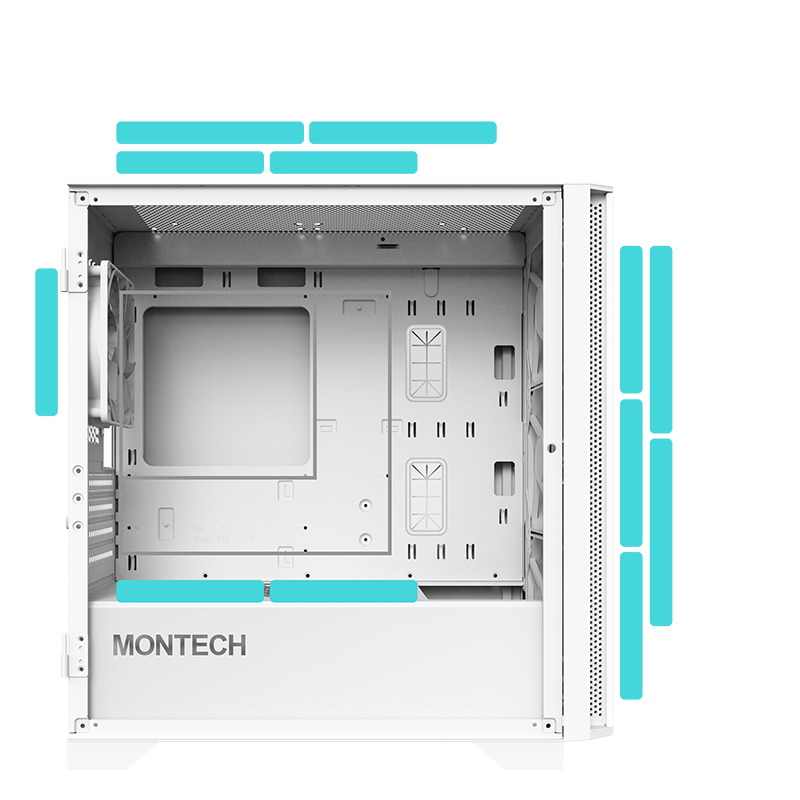 All of the possible mounting locations for fans and radiators along with supported motherboard sizes.