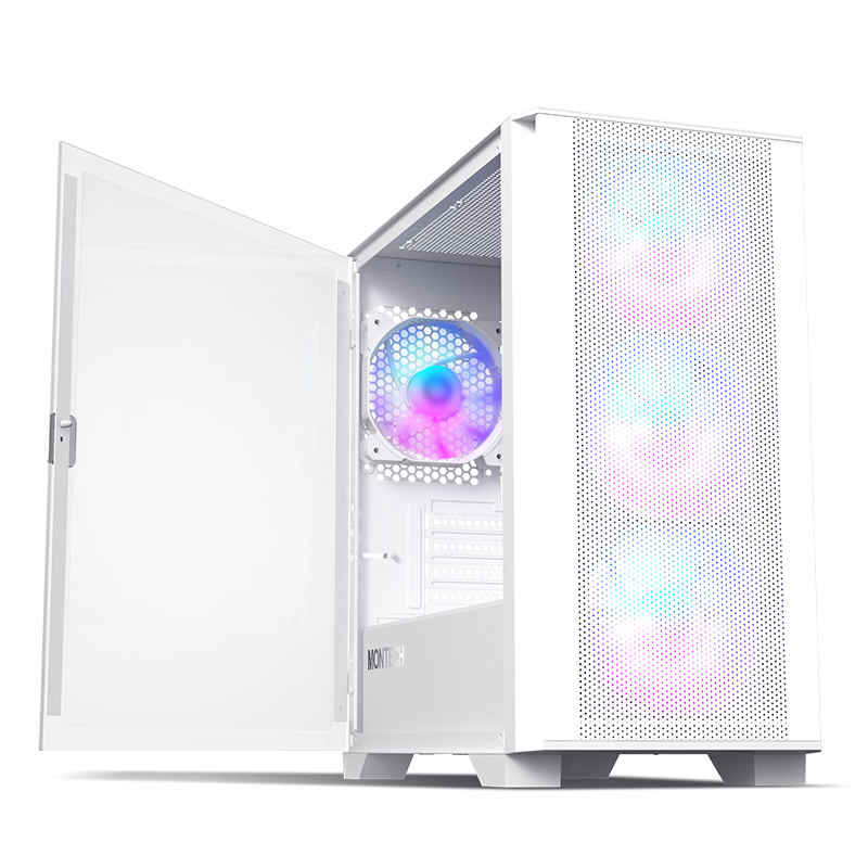 The AIR 100 ARGB with the Tempered Glass side panel partially open on its hinges.