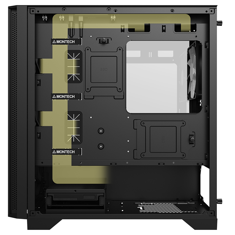 Rear side of the case showing the cable management channels.