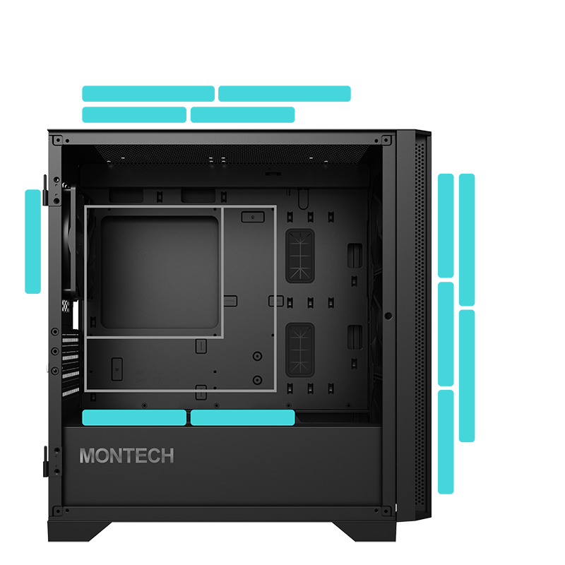 All of the possible mounting locations for fans and radiators along with supported motherboard sizes.