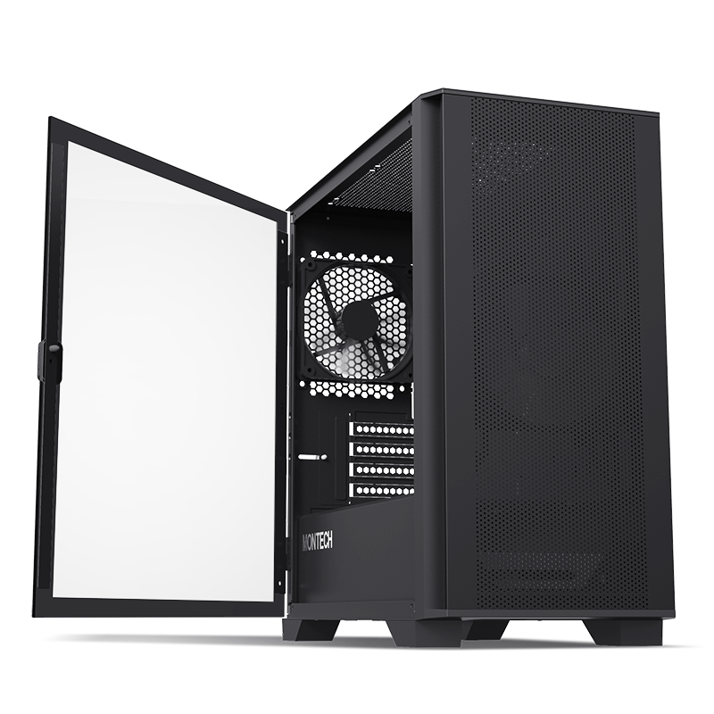 The AIR 100 LITE with the Tempered Glass side panel partially open on its hinges.