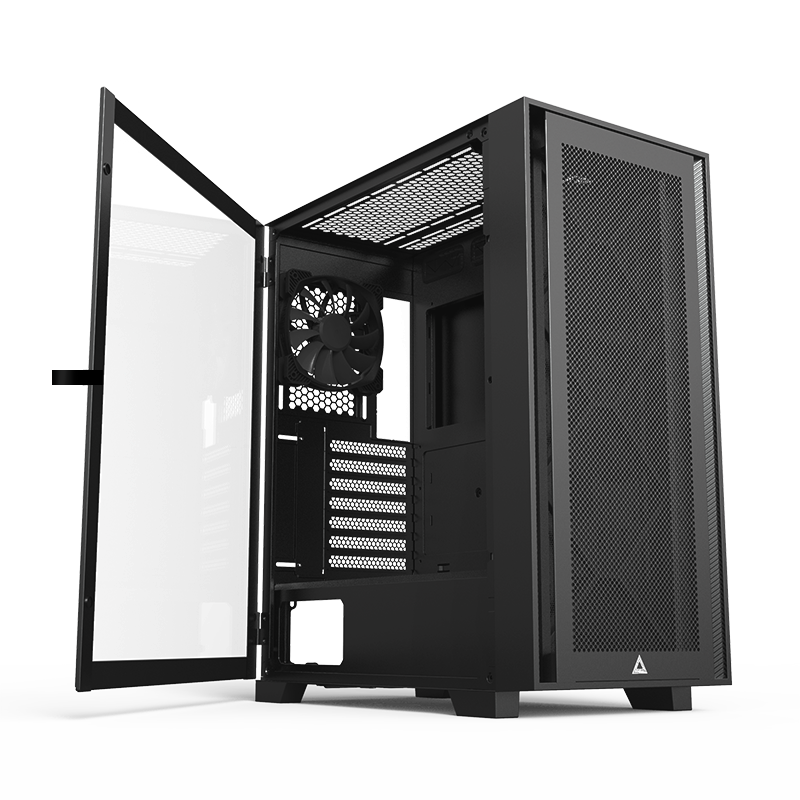 Angled case view with Tempered Glass side panel part open on its hinges.