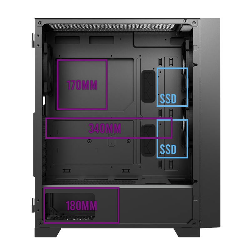 Side view of case showing component length and height information.