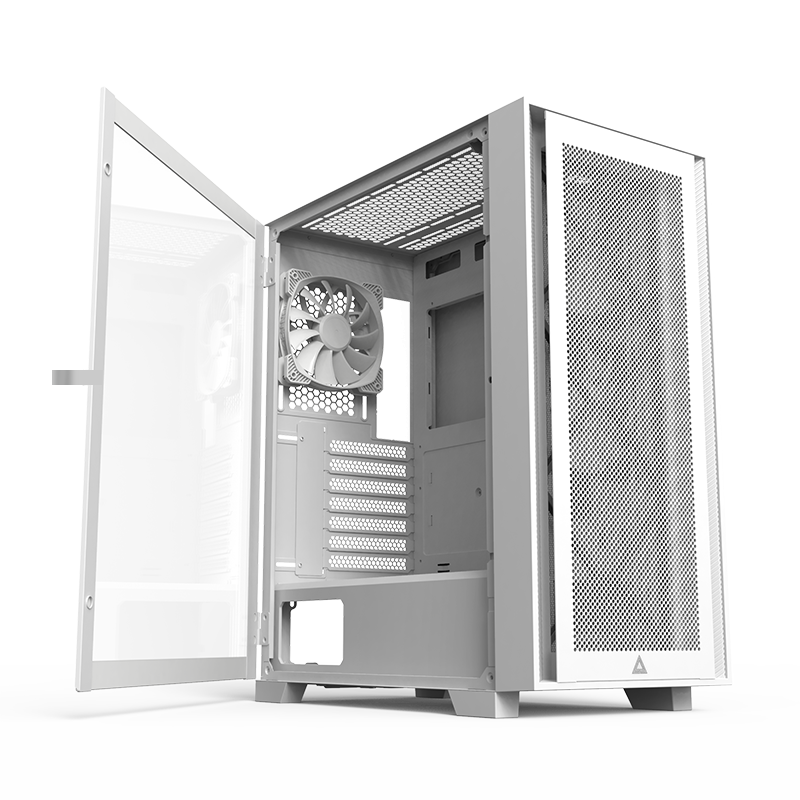 Angled case view with Tempered Glass side panel part open on its hinges.