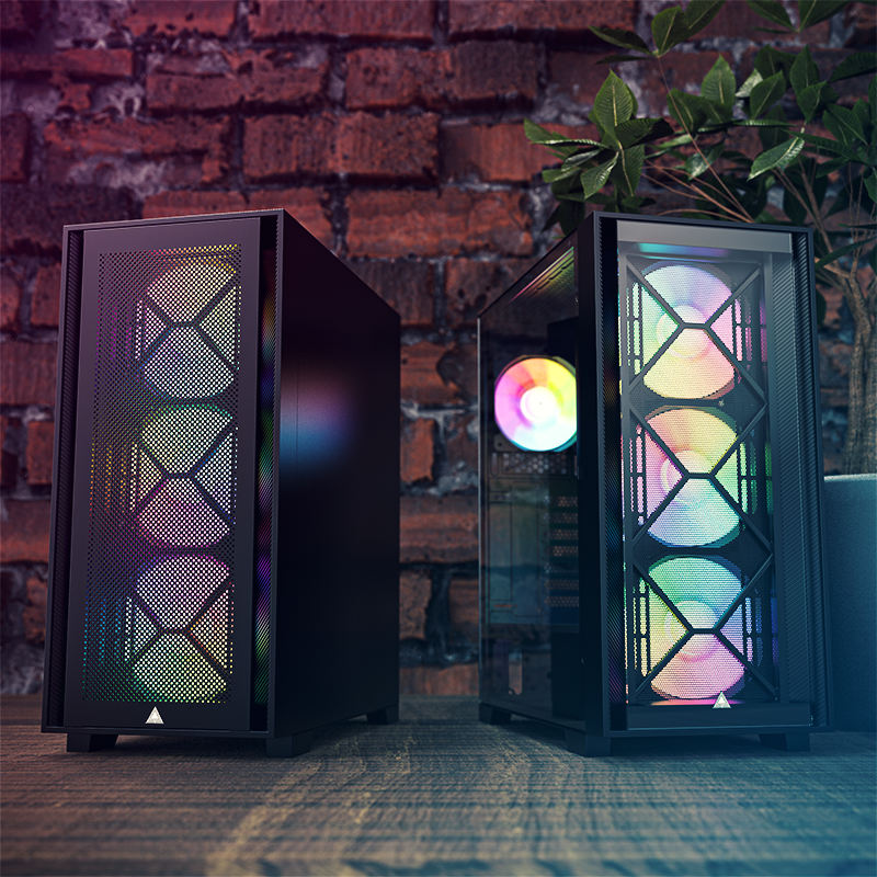 View of the case and its fans with both the Glass panel and Mesh panel.