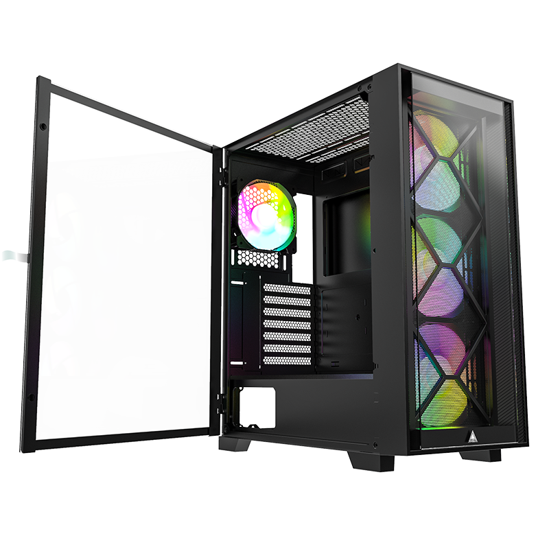 The tempered glass side panel partially open on its hinges.