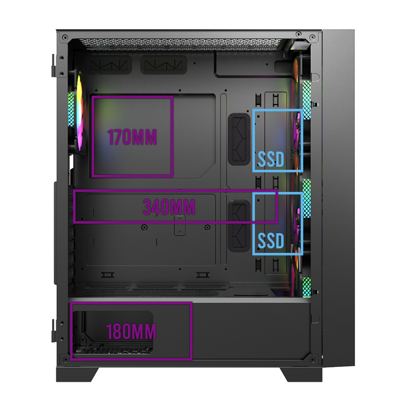 Side view showing the max component sizes that fit.