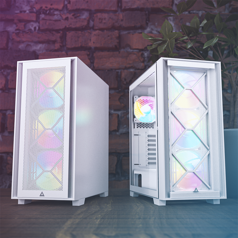 View of the case and its fans with both the Glass panel and Mesh panel.