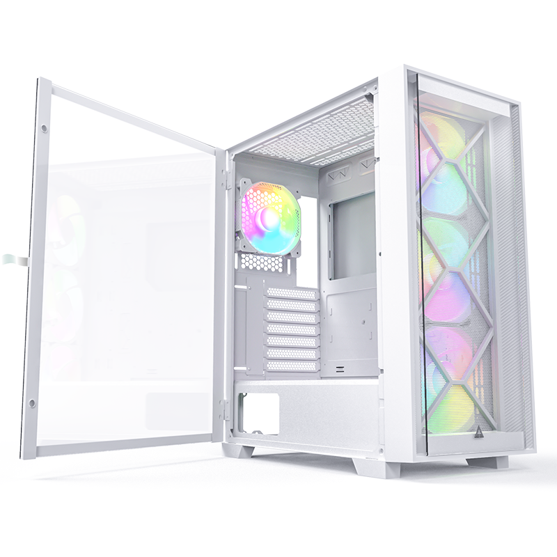 The tempered glass side panel partially open on its hinges.