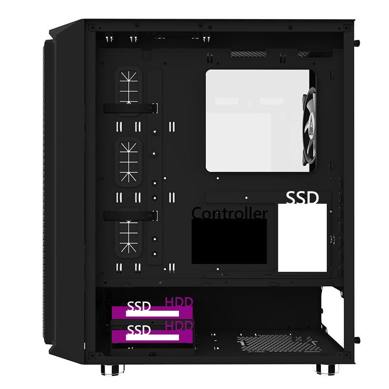 The opposite side of the case showing the mounting points for storage and the fan controller.