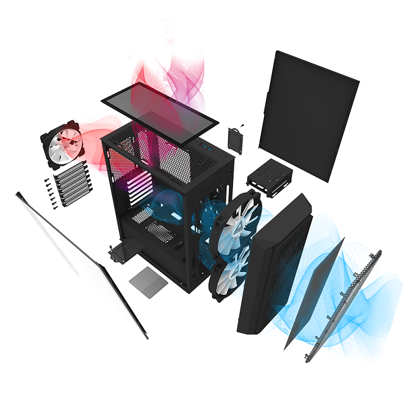 A blown-out view of the Montech AIR X ARGB case showing every component and expected airflow from front through the rear and top.