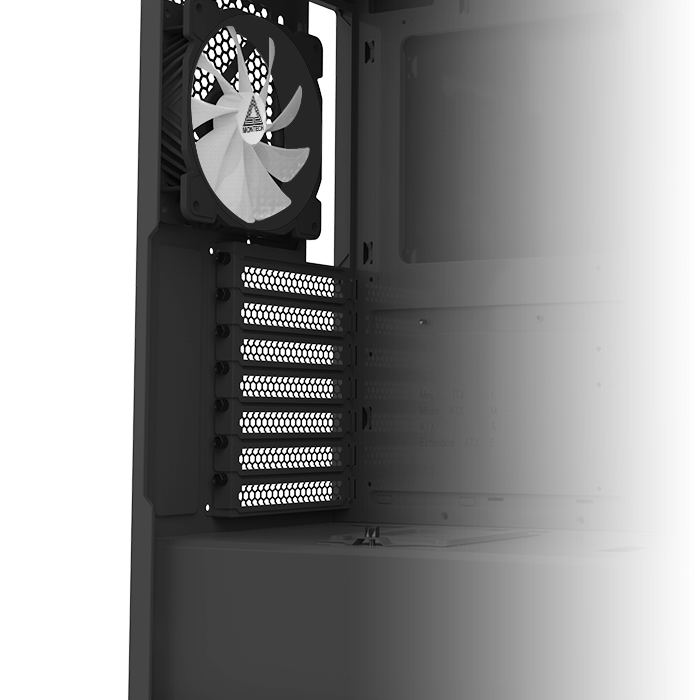 An internal view showing the seven removable brackets of the PCIe slots on the rear of the case.