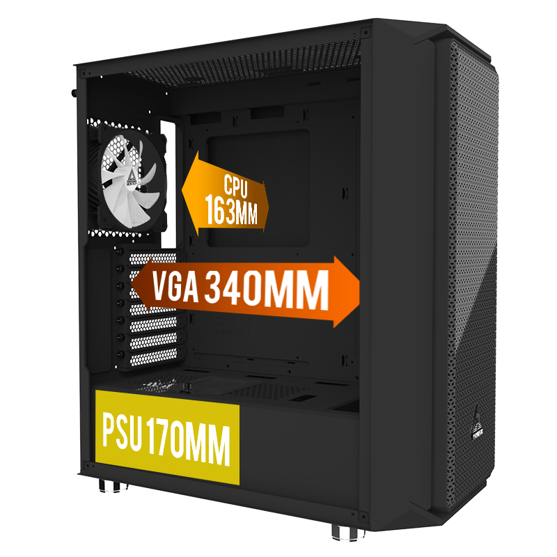 An internal view with demonstration measurements for major hardware such as the PSU, Graphics Card and CPU Cooler.