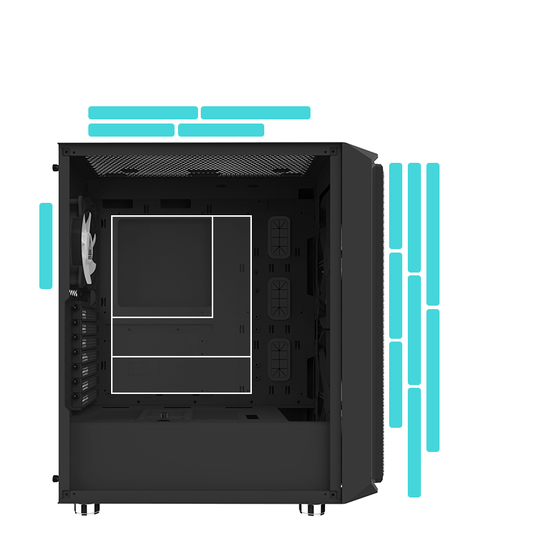 All of the possible mounting locations for fans and radiators along with supported motherboard sizes.