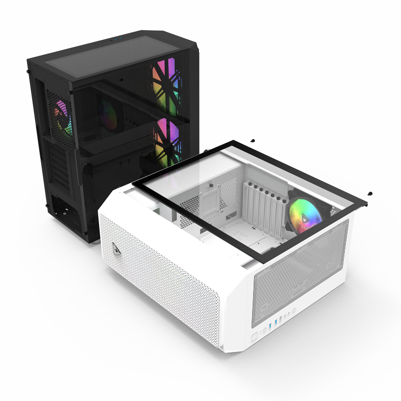 The case laying on its side with the Tempered Glass side panel slid partway off to demonstrate the mounting method.