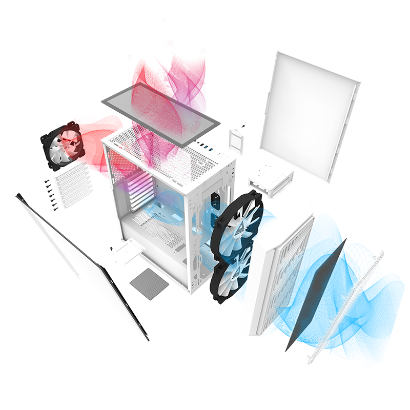 A blown-out view of the Montech AIR X ARGB case showing every component and expected airflow from front through the rear and top.