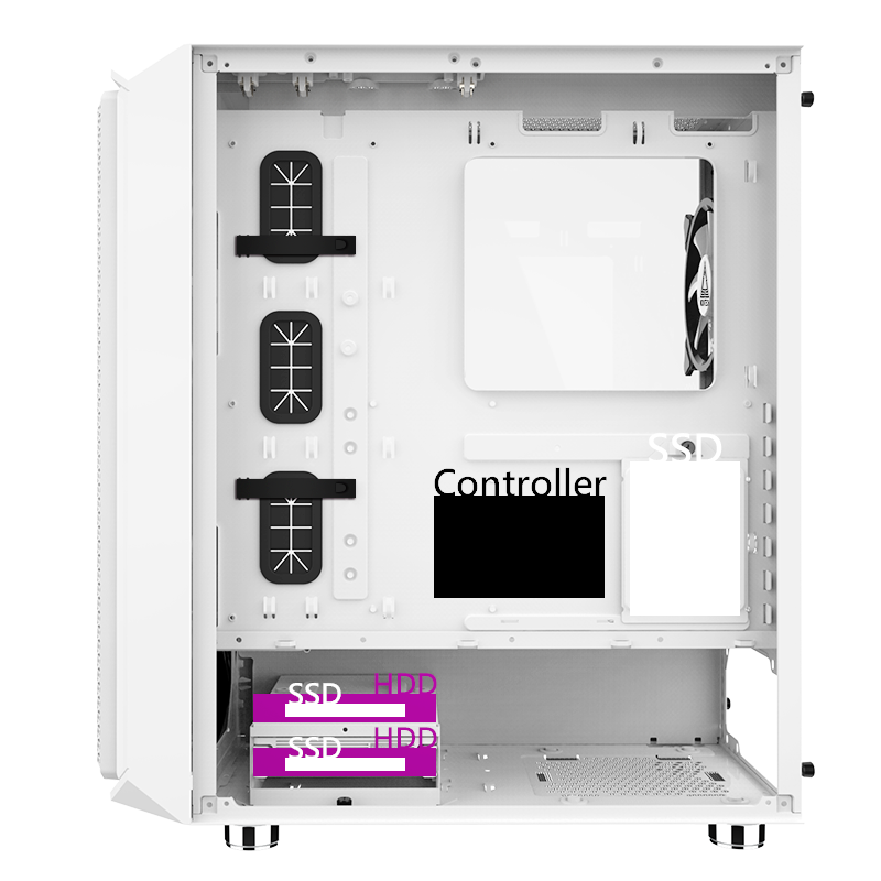 The opposite side of the case showing the mounting points for storage and the fan controller.