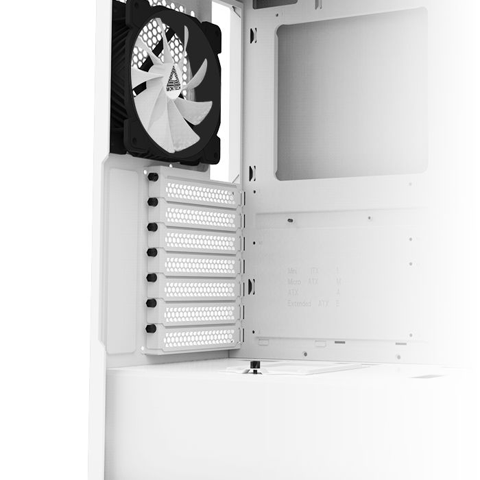 An internal view showing the seven removable brackets of the PCIe slots on the rear of the case.