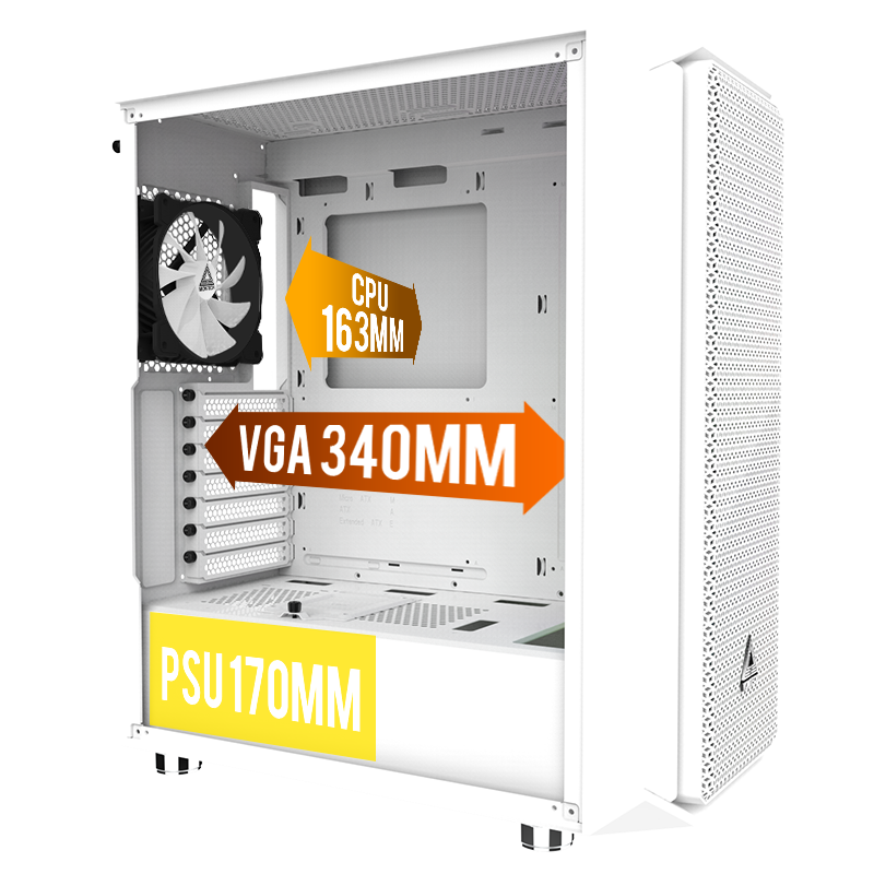 An internal view with demonstration measurements for major hardware such as the PSU, Graphics Card and CPU Cooler.