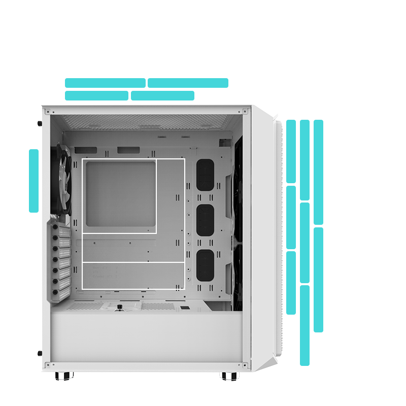 All of the possible mounting locations for fans and radiators along with supported motherboard sizes.