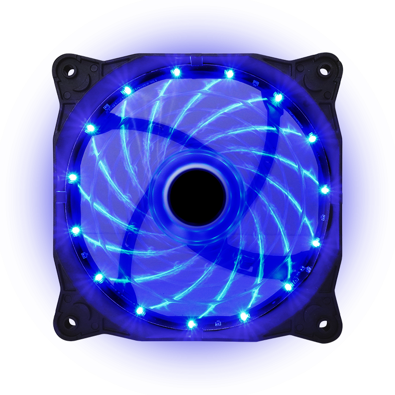 A blue LED illuminated fan.