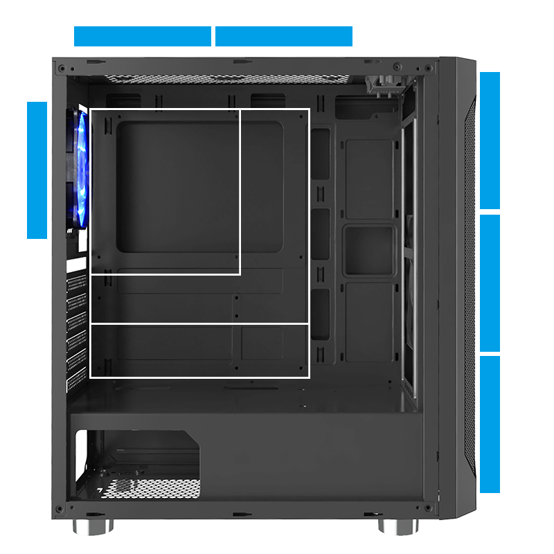 Side view showing various fan placement positions and supported motherboard sizes.