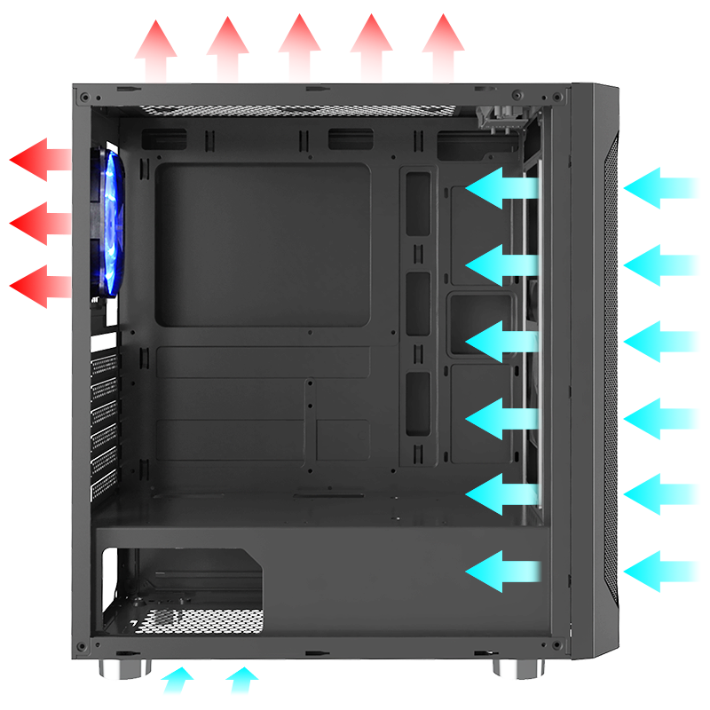Side view of the case with airflow shown.