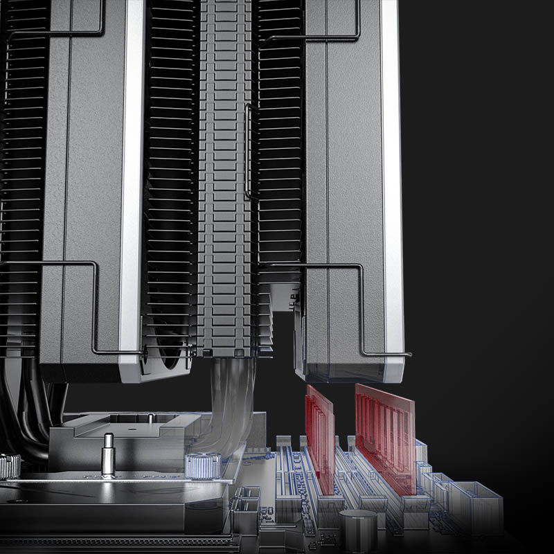 The cooler installed in a system with RAM slots in use but unobstucted by the cooler.