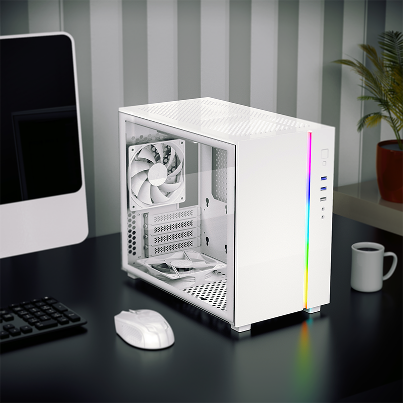 View of the case sat on a desk.