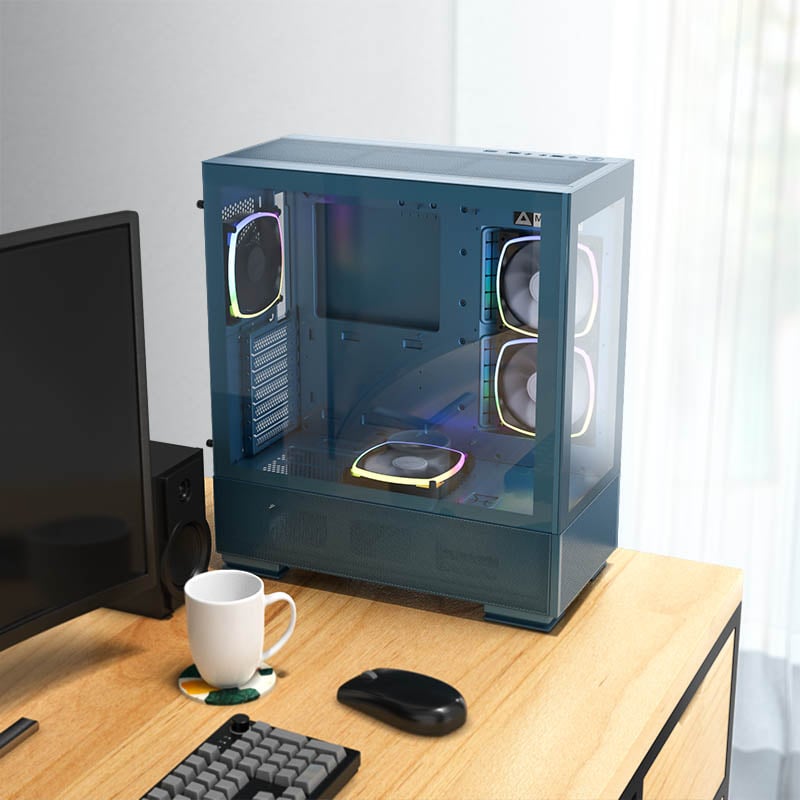 Front angled view of the Montech SKY TWO case on a desk.
