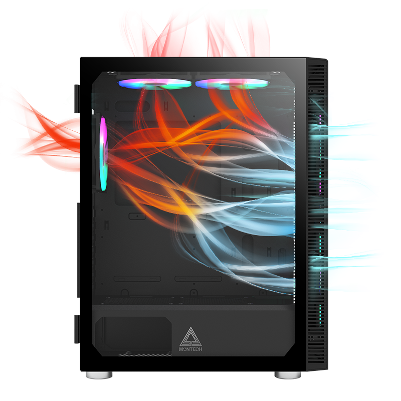 A side view of the Montech X3 MESH case showing expected airflow from front through the rear and top.