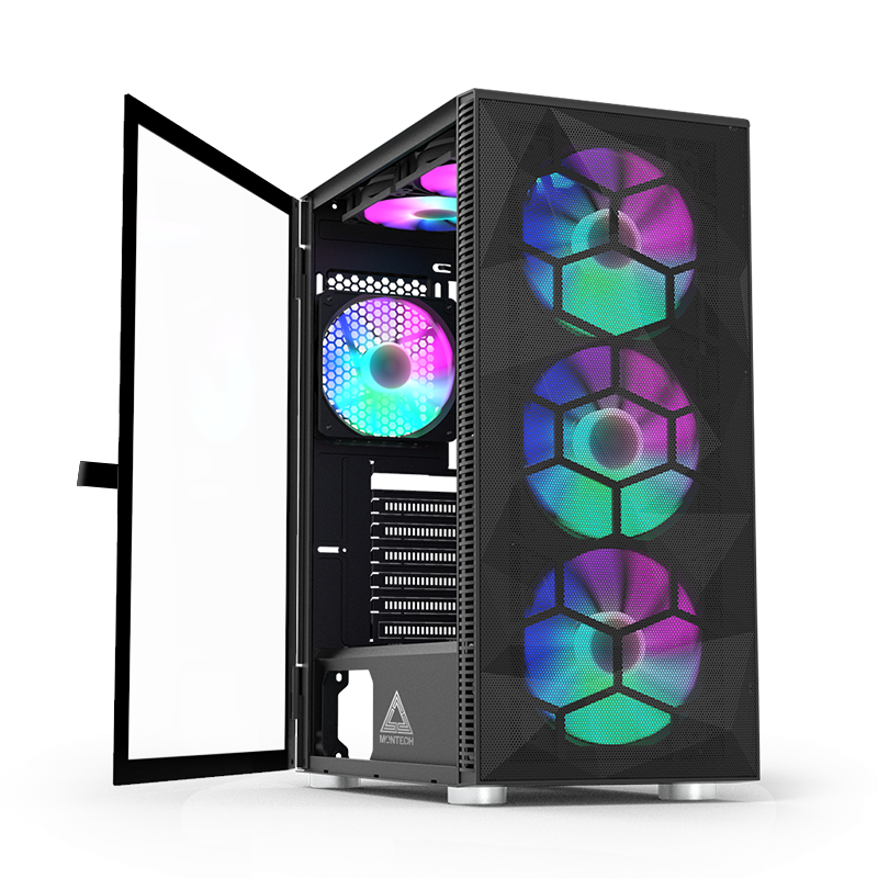 The Montech X3 MESH with the tempered glass side panel partially open on its hinges.