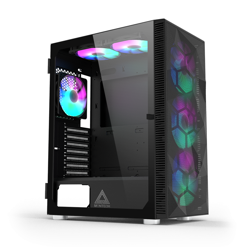 Angled side view showing all six fans lit up in a RGB pattern.