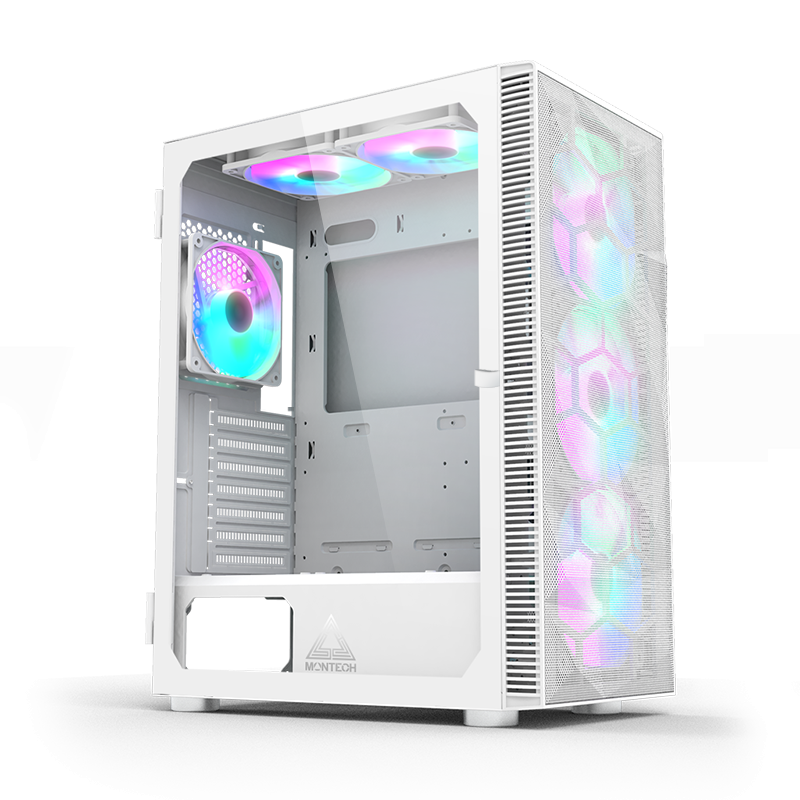 Angled side view showing all six fans lit up in a RGB pattern.