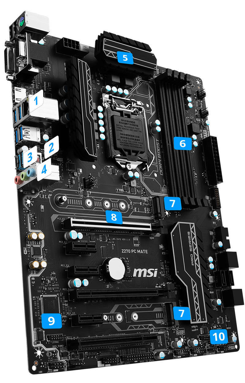 Z270 Pc Mate Cutting Edge Business Solutions 1 Intel Lan 2 Lightning Usb 3 1 Gen2 3 Usb 3 1 Type C 4 Golden Audio Jacks 7 1 Surround Msi Z270 Pc Mate Overview 5 Heavy Plated Heatsinks Leading Heatsink Design For Maximum Cooling 6 Ddr4