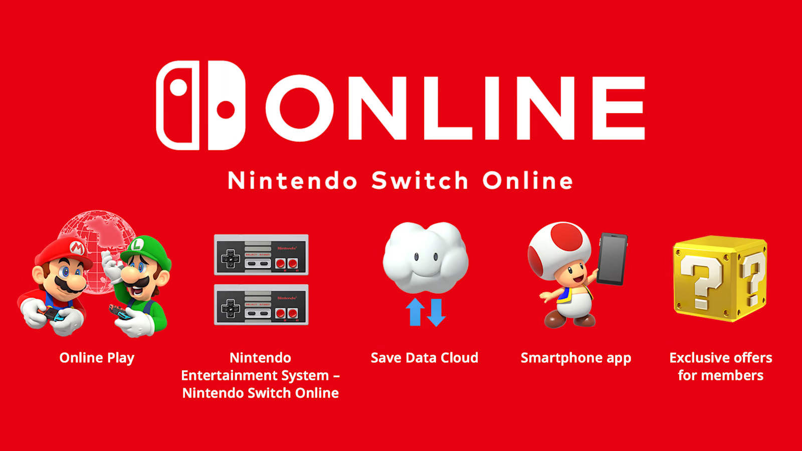 Benefits of Switch online, including online play, NES online, cloud saves, a smartphone app and exclusive offers.